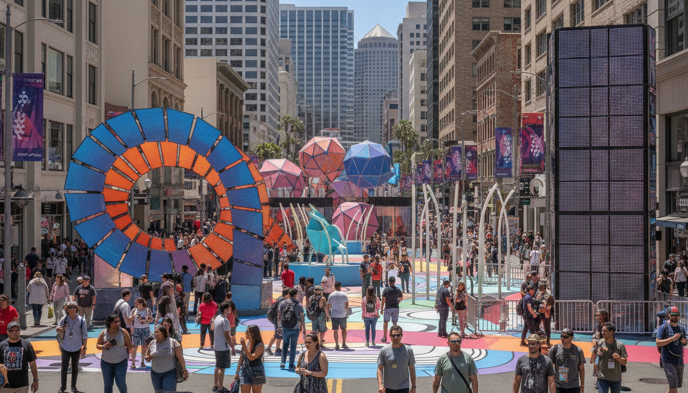 Downtown San Diego streets bustling with activity around various outdoor pop culture installations and brand activations.