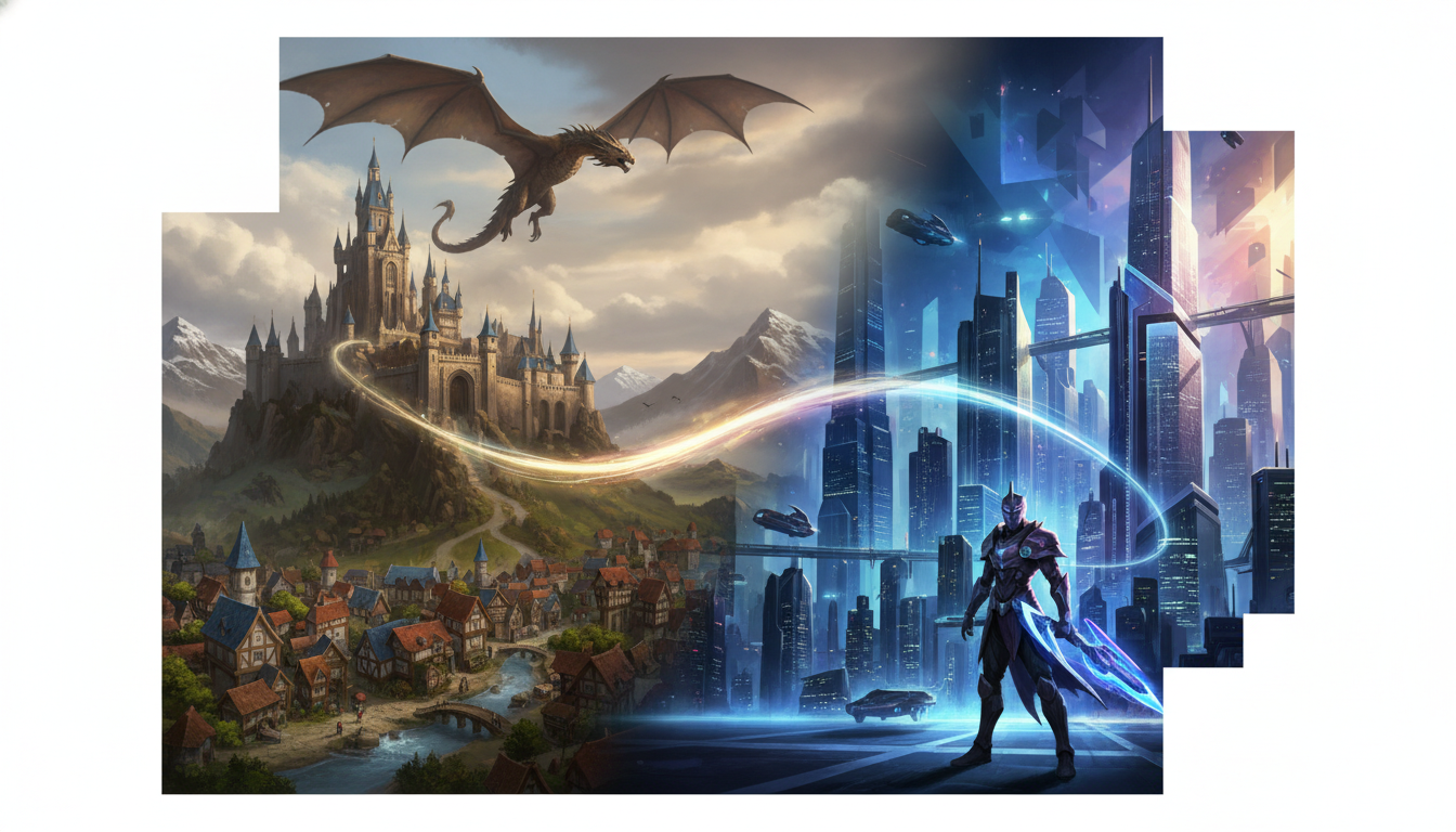 A conceptual image illustrating the blend of classic MMORPGs and modern single-player RPGs, highlighting their enduring appeal and innovation.