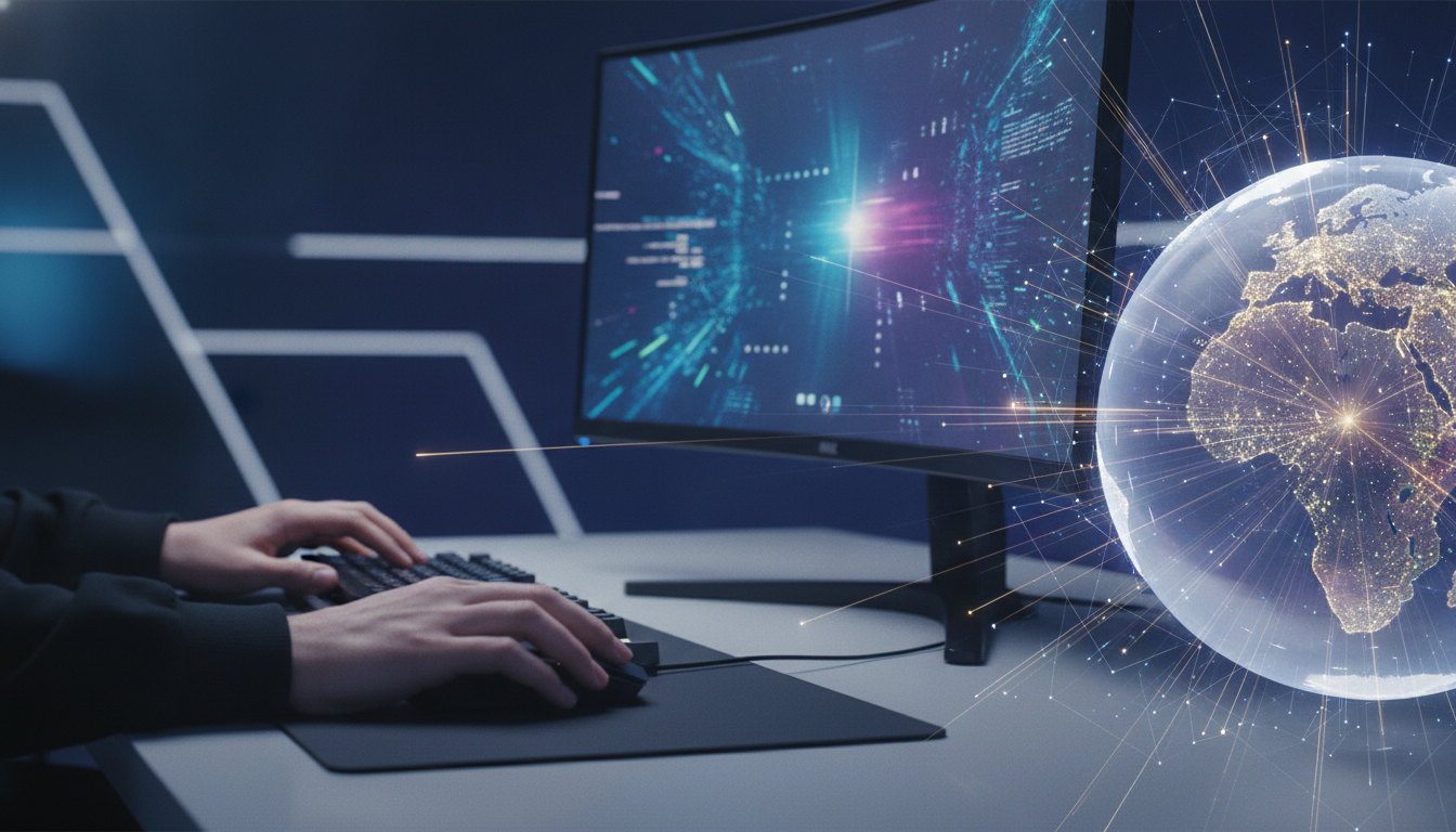 A professional gamer's focused hands juxtaposed with a global map showing interconnected esports tournament locations.
