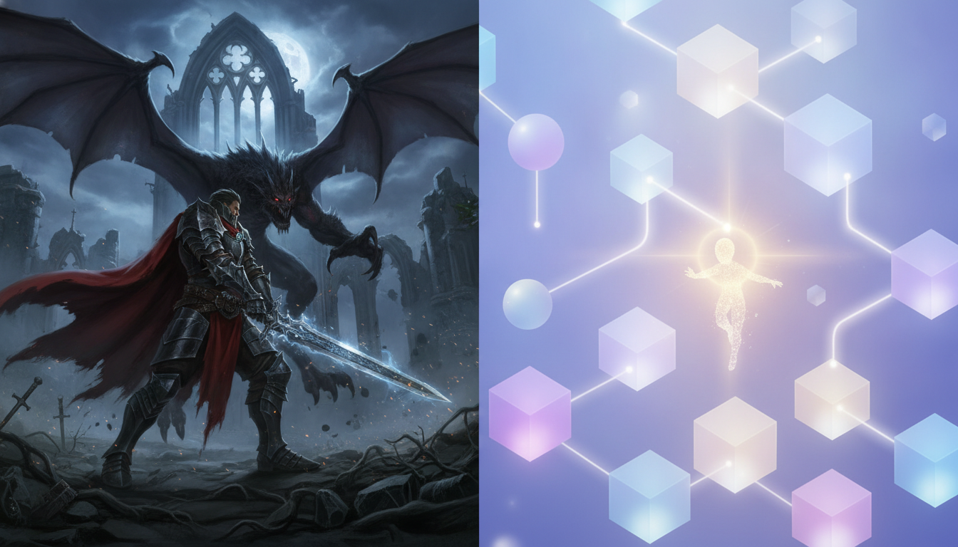 A split image contrasting a dark fantasy RPG with an abstract emotion puzzle game, showcasing genre variety.