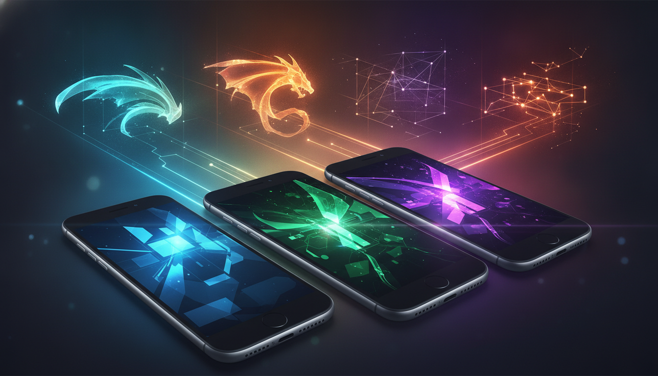 Dynamic illustration of a futuristic mobile gaming landscape with abstract game elements, symbolizing innovation.
