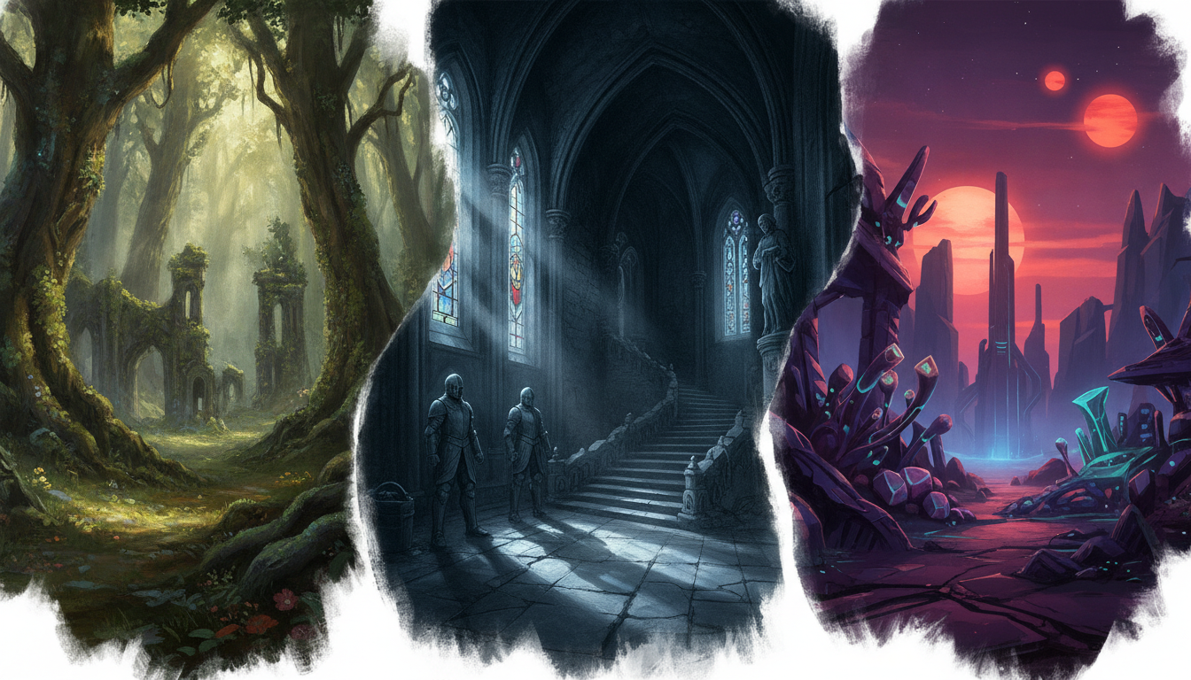 Multi-panel illustration showcasing diverse game environments: a fantasy forest, a gothic castle, and a futuristic alien planet.
