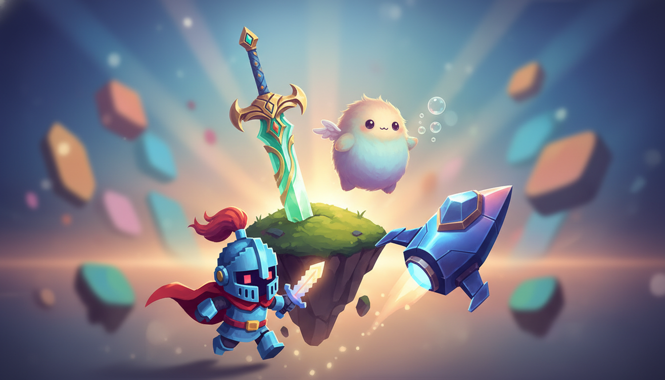A vibrant illustration of diverse indie game elements, including pixel art characters and fantasy items, symbolizing new releases.