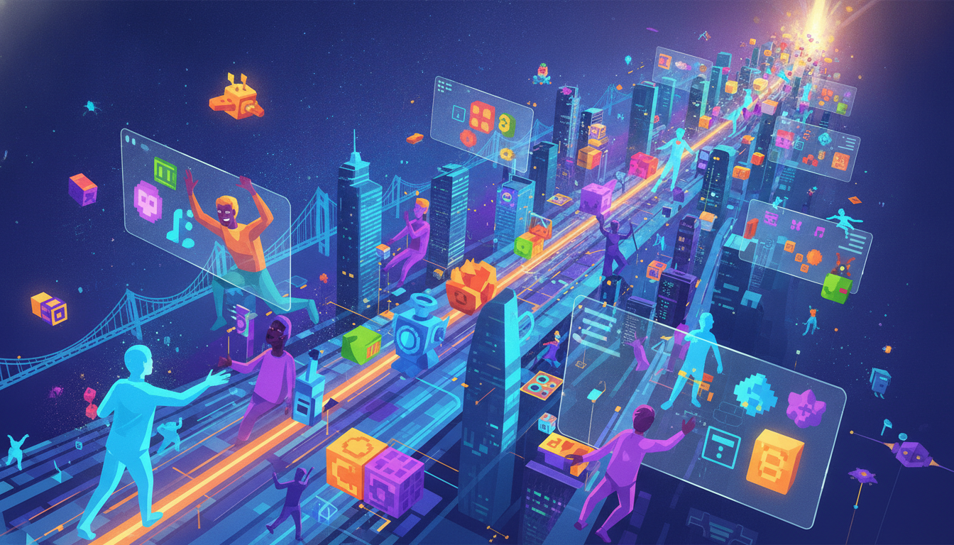 Dynamic illustration of global indie game development and community at a hybrid festival.