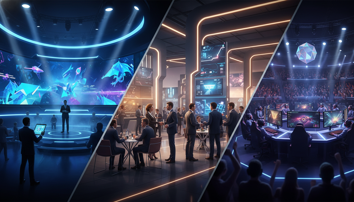 Visual contrasting digital game showcases, professional gaming conferences, and esports tournaments.