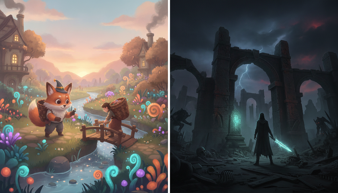 A contrasting image showing a cozy crafting game scene on one side and a dark action RPG scene on the other.