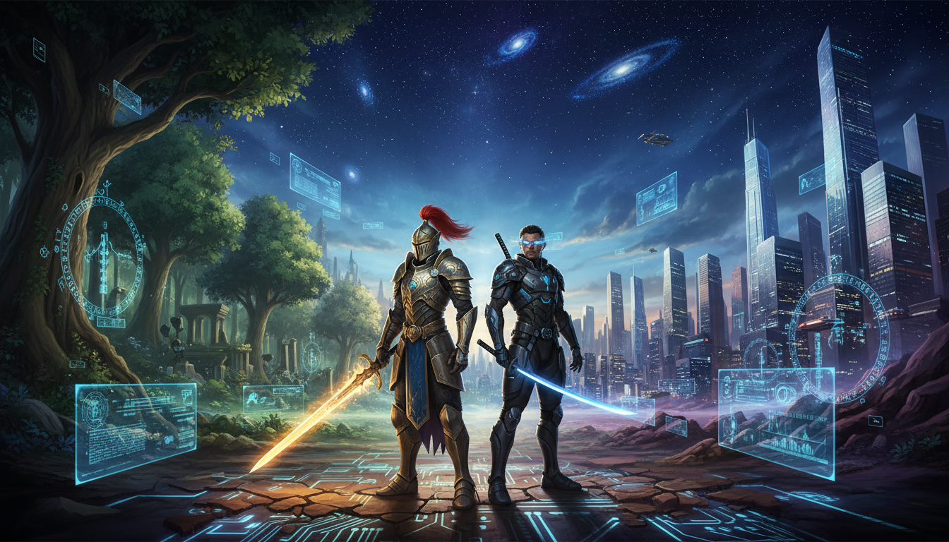 A dynamic visual representing the diverse and evolving landscape of global role-playing games, blending fantasy and sci-fi elements.