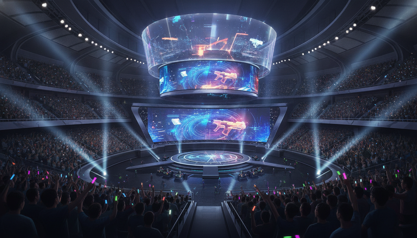 A large esports arena in Singapore, packed with fans, during a competitive Counter-Strike 2 championship.