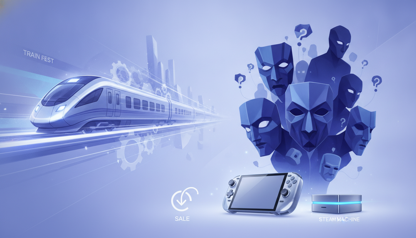A digital illustration combining elements of a train festival, social deduction games, a summer sale, and new Valve gaming hardware.
