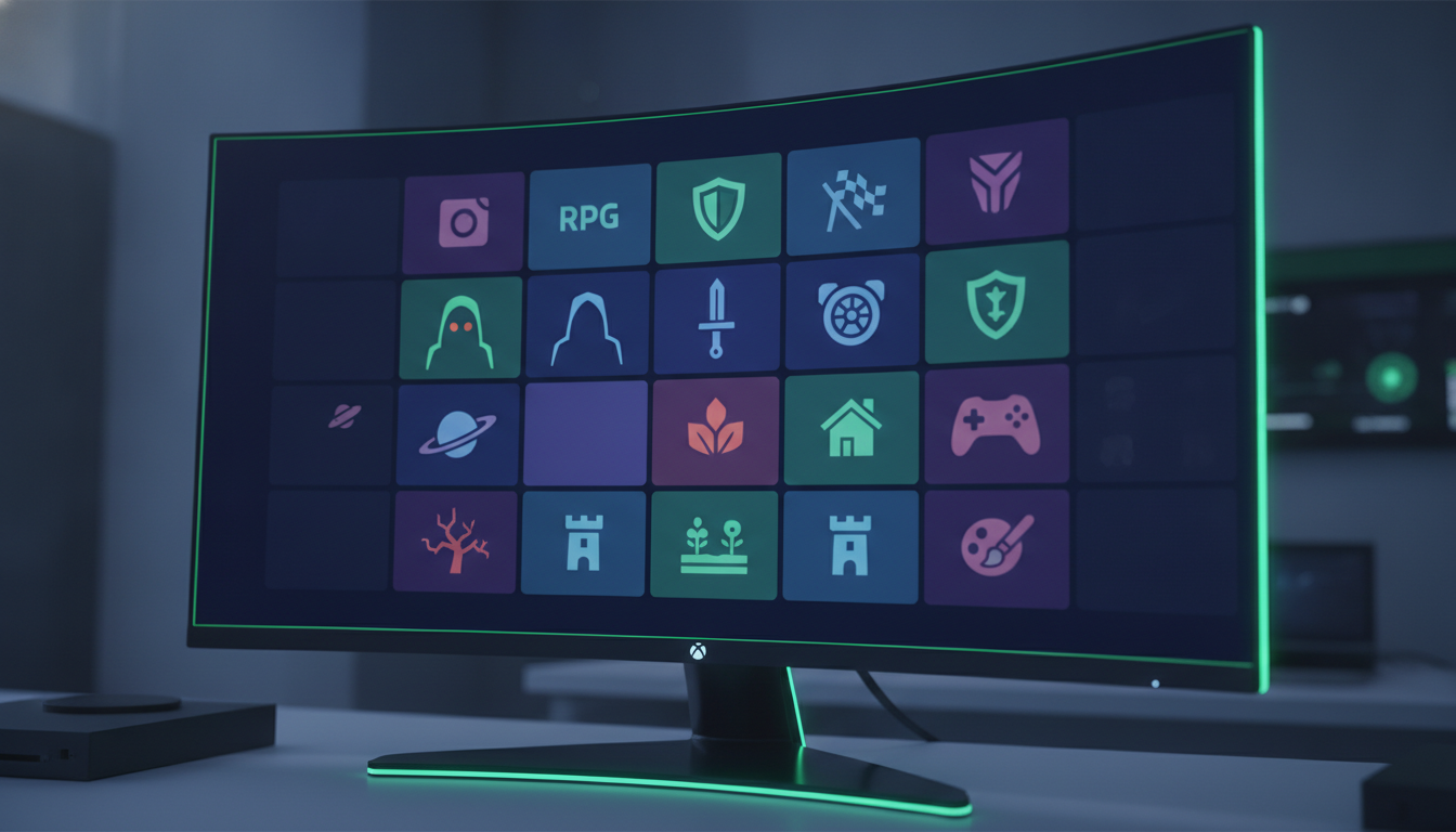 A digital interface on an Xbox Series X|S console displaying a grid of abstract icons representing a diverse range of video game genres.