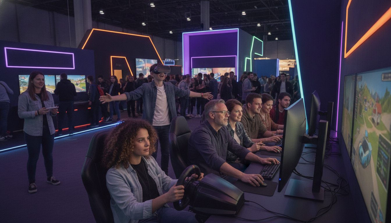 Diverse attendees at a gaming convention engaging with various game demos, showcasing the interactive and immersive experiences available.
