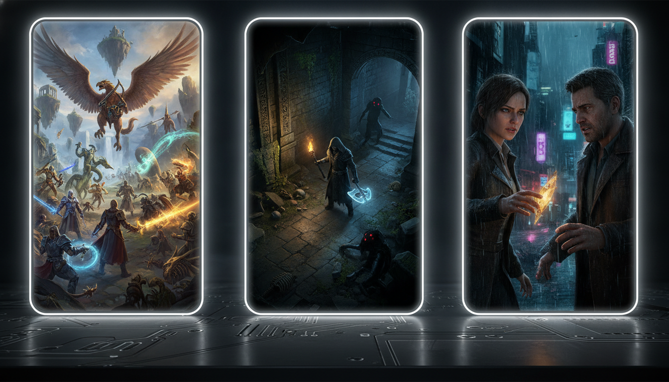 Three distinct panels showcasing different mobile game genres: a fantasy MMORPG, a dark roguelike, and an interactive drama.