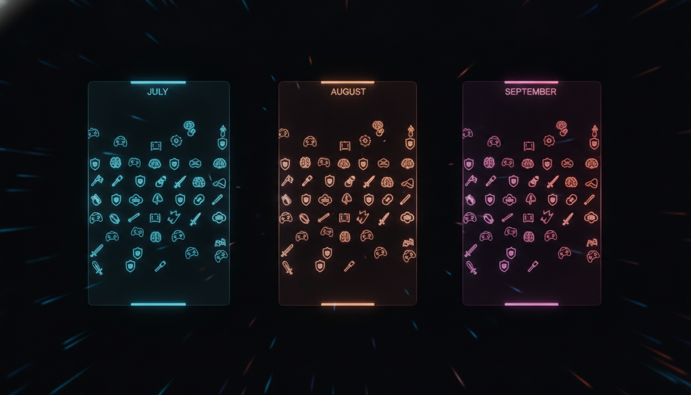 A futuristic digital timeline showcasing a high volume of new PC game releases across July, August, and September.