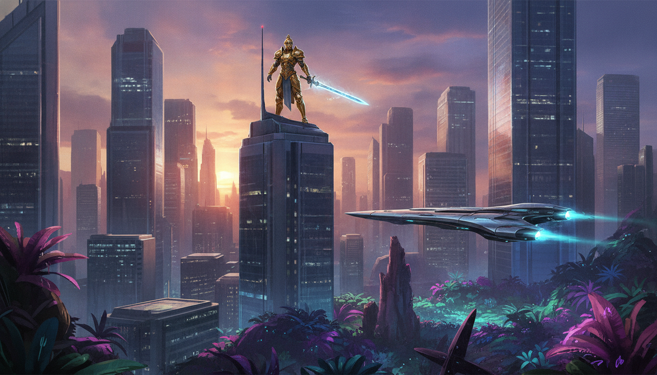A vibrant digital illustration combining futuristic cityscapes, fantasy heroes, and sci-fi elements, symbolizing diverse upcoming video game releases.