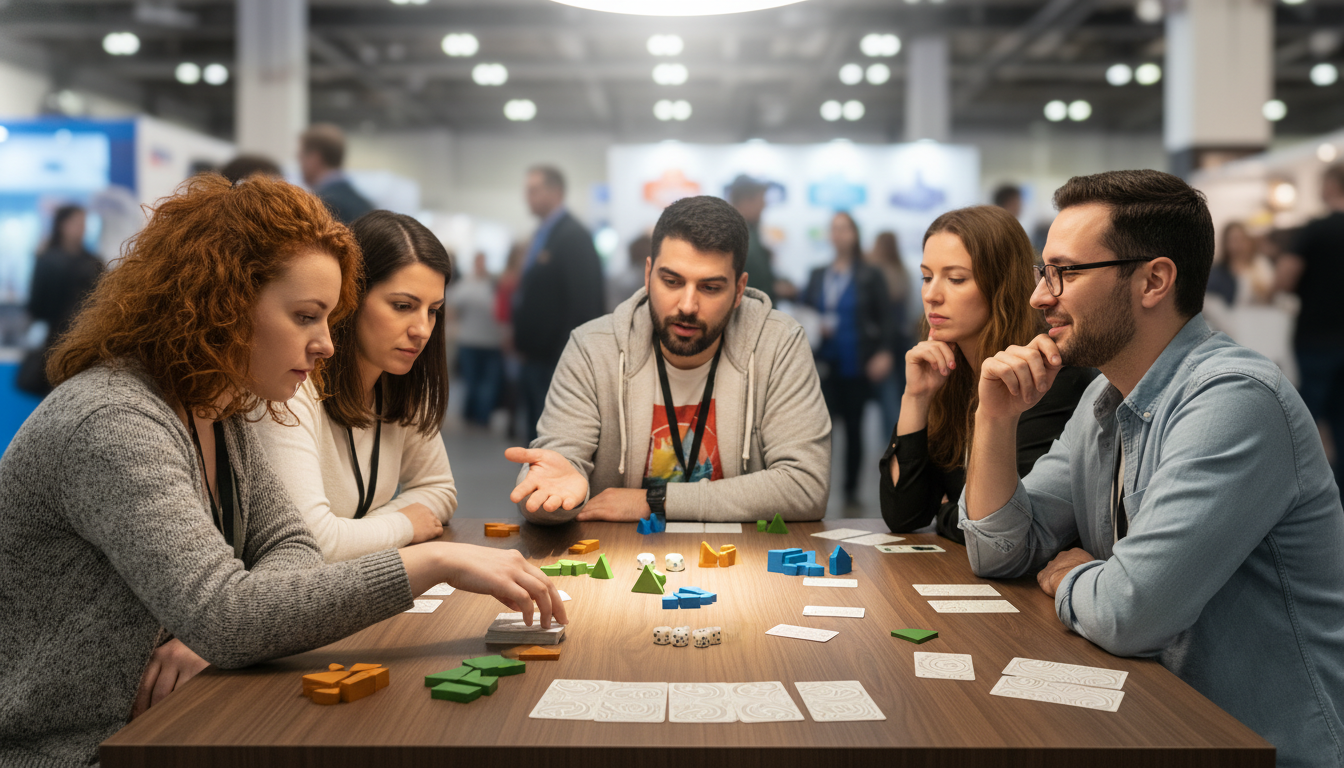 Diverse attendees engrossed in playing a tabletop card game or board game at a bustling convention.