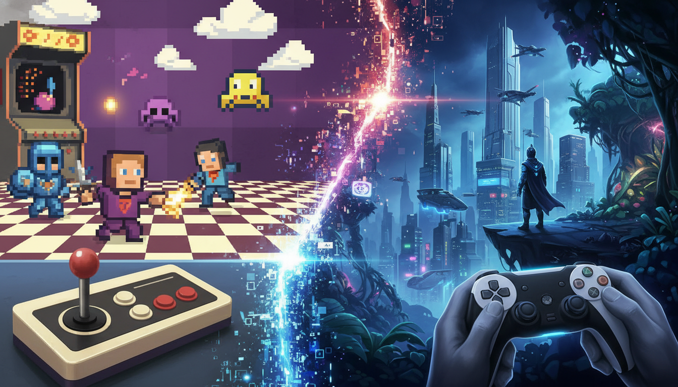 A visual comparison blending retro pixel art gaming with modern photorealistic 3D graphics, representing old and new game trends.