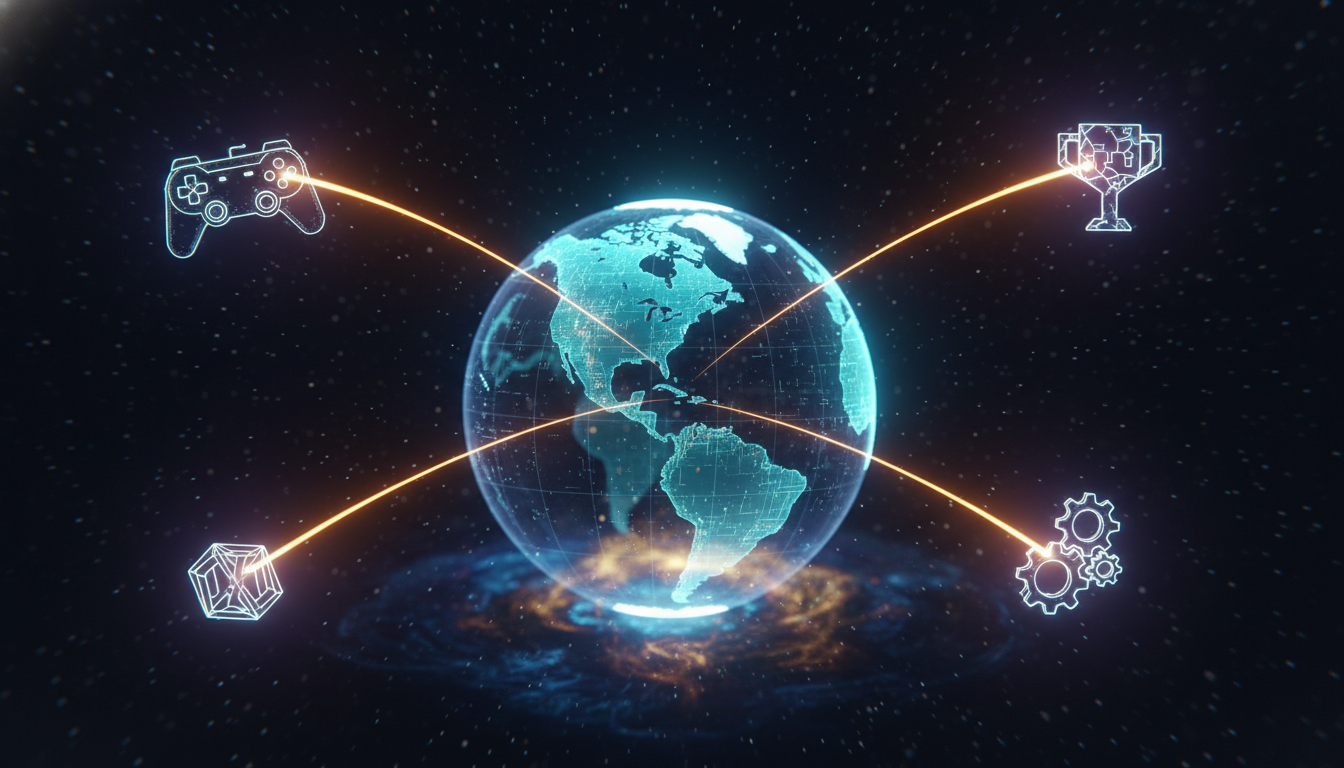 A glowing globe with light paths connecting abstract gaming event icons, symbolizing global summer gaming events.