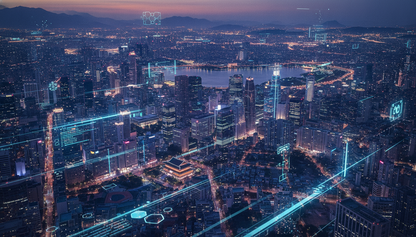 A stylized view of Seoul at dusk with digital gaming elements, representing South Korea's gaming industry.