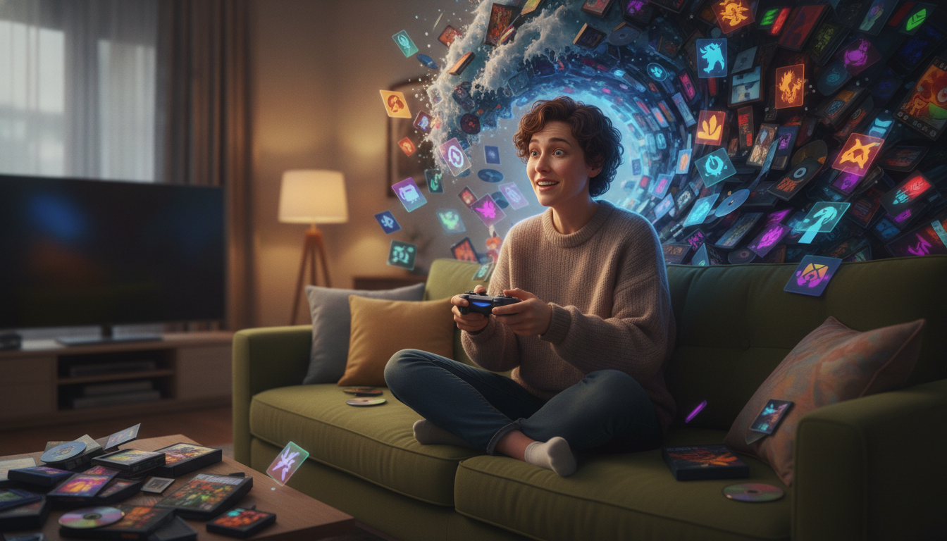A gamer on a couch, overwhelmed yet excited by a stylized flood of diverse video game cases and digital icons, representing a massive release month.
