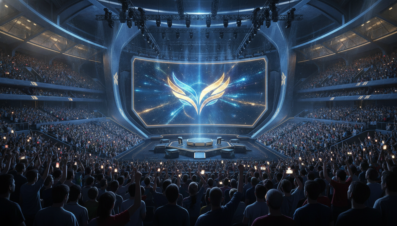 A grand, futuristic esports arena with a cheering crowd and dynamic lighting, highlighting the excitement of a world championship.