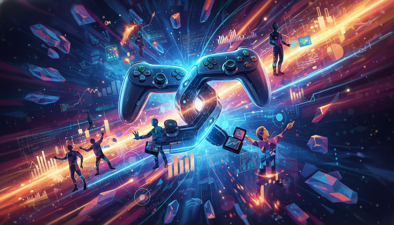 Abstract digital art symbolizing the global gaming industry's innovation, business dynamics, and diverse community.
