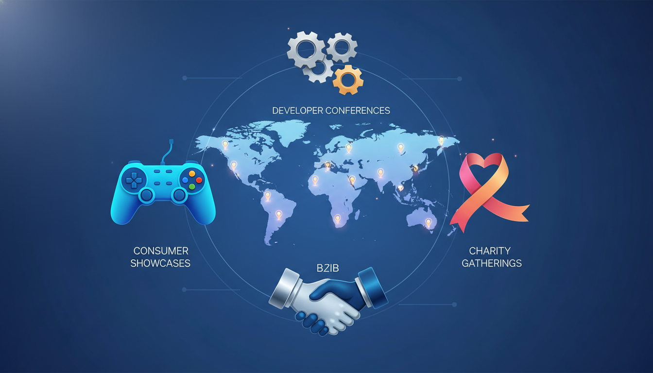 Stylized world map with icons representing different types of global gaming industry events.