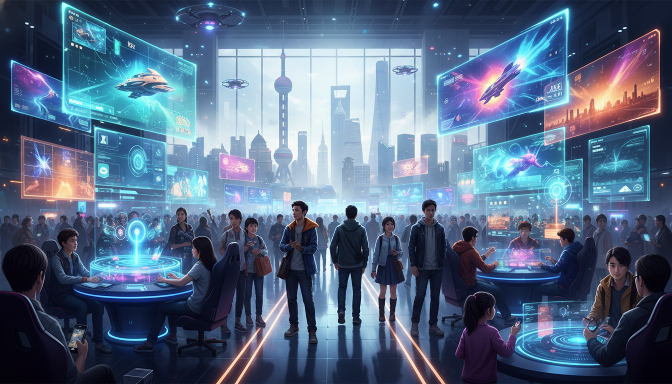 A futuristic digital entertainment expo floor in Shanghai, showcasing AI-powered games and interactive displays.