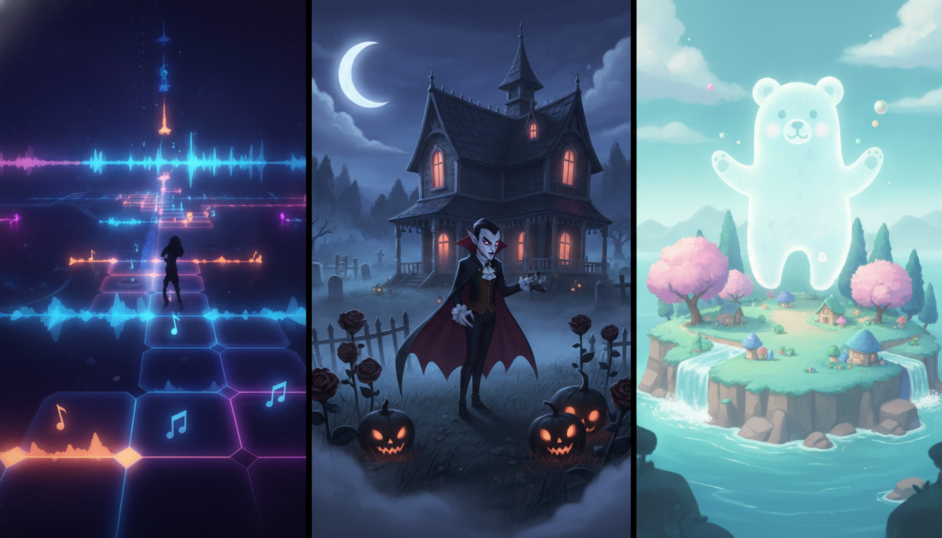 Digital art contrasting rhythm-action, gothic life simulation, and healing adventure indie game styles.