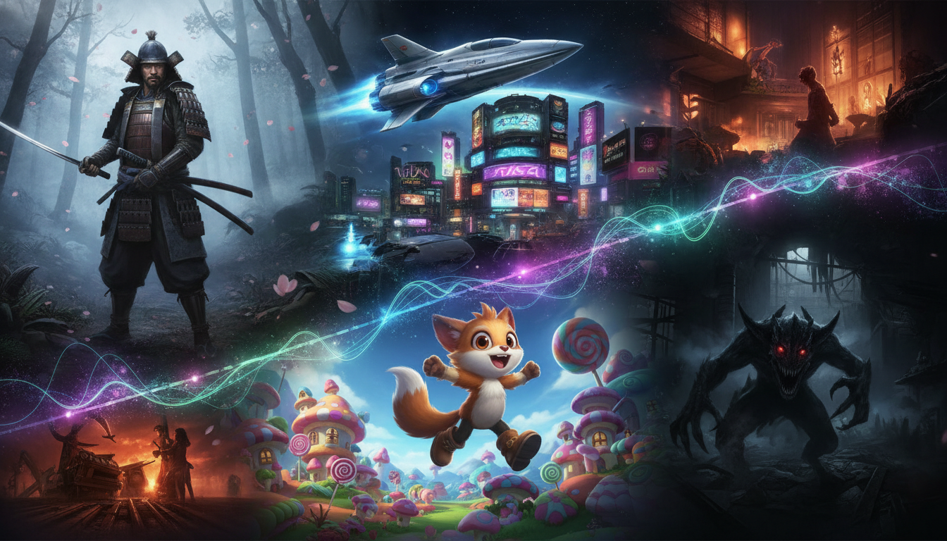 Stylized collage of diverse video game scenes, including samurai, sci-fi, cartoon, and horror, representing new game releases.