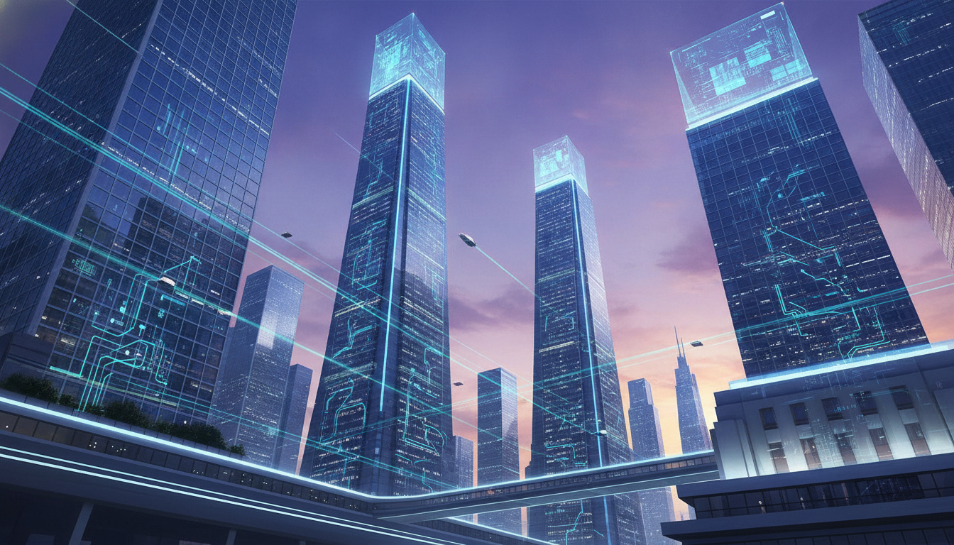A vibrant, futuristic city skyline at dusk, with subtle digital game elements overlayed, symbolizing the growth of Chinese mobile gaming.