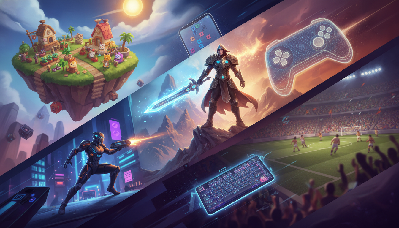 A vibrant collage of diverse video game genres and platforms, symbolizing new global releases.