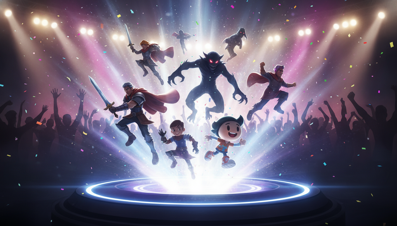 Dynamic illustration of diverse video game characters emerging from a screen, with an excited crowd in the background.