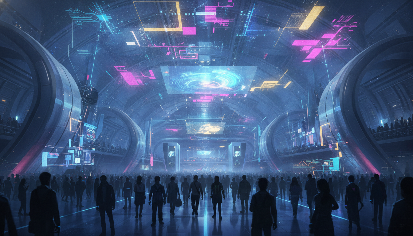 A bustling, large-scale convention hall filled with a diverse crowd, showcasing the vibrant atmosphere of a global ACG festival.
