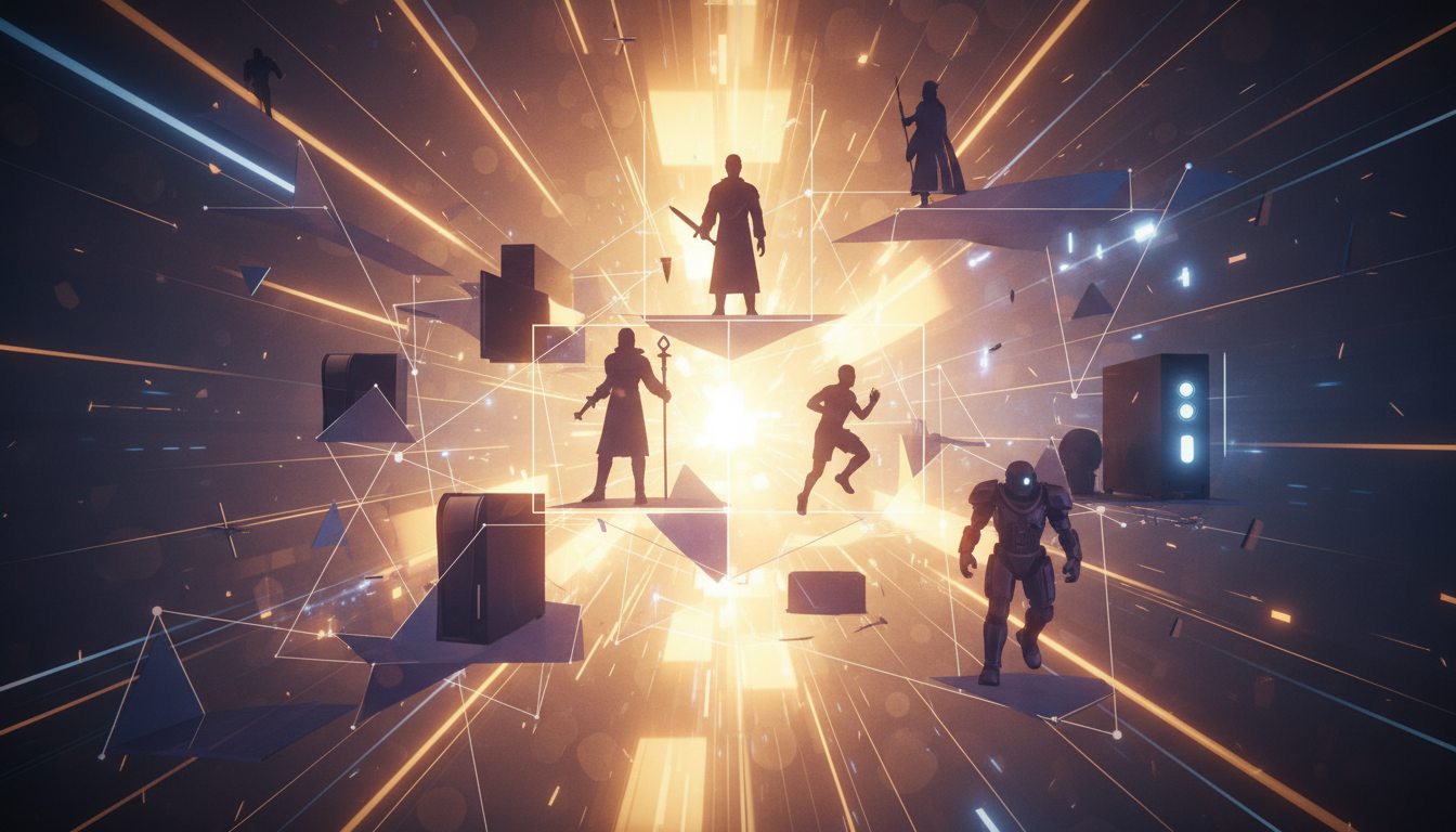 Abstract digital art depicting diverse video game genres and platforms, symbolizing global summer game releases.