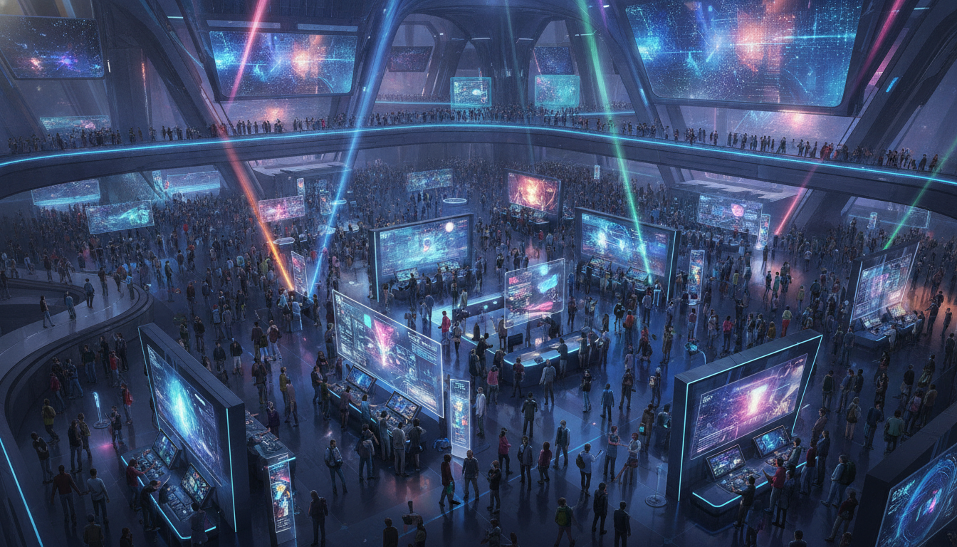 A panoramic view of a large, bustling international gaming convention.