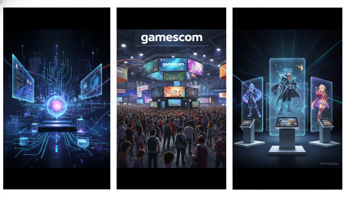A multi-panel image depicting distinct scenes from major global gaming events, including AI tech, large crowds, and new game showcases.