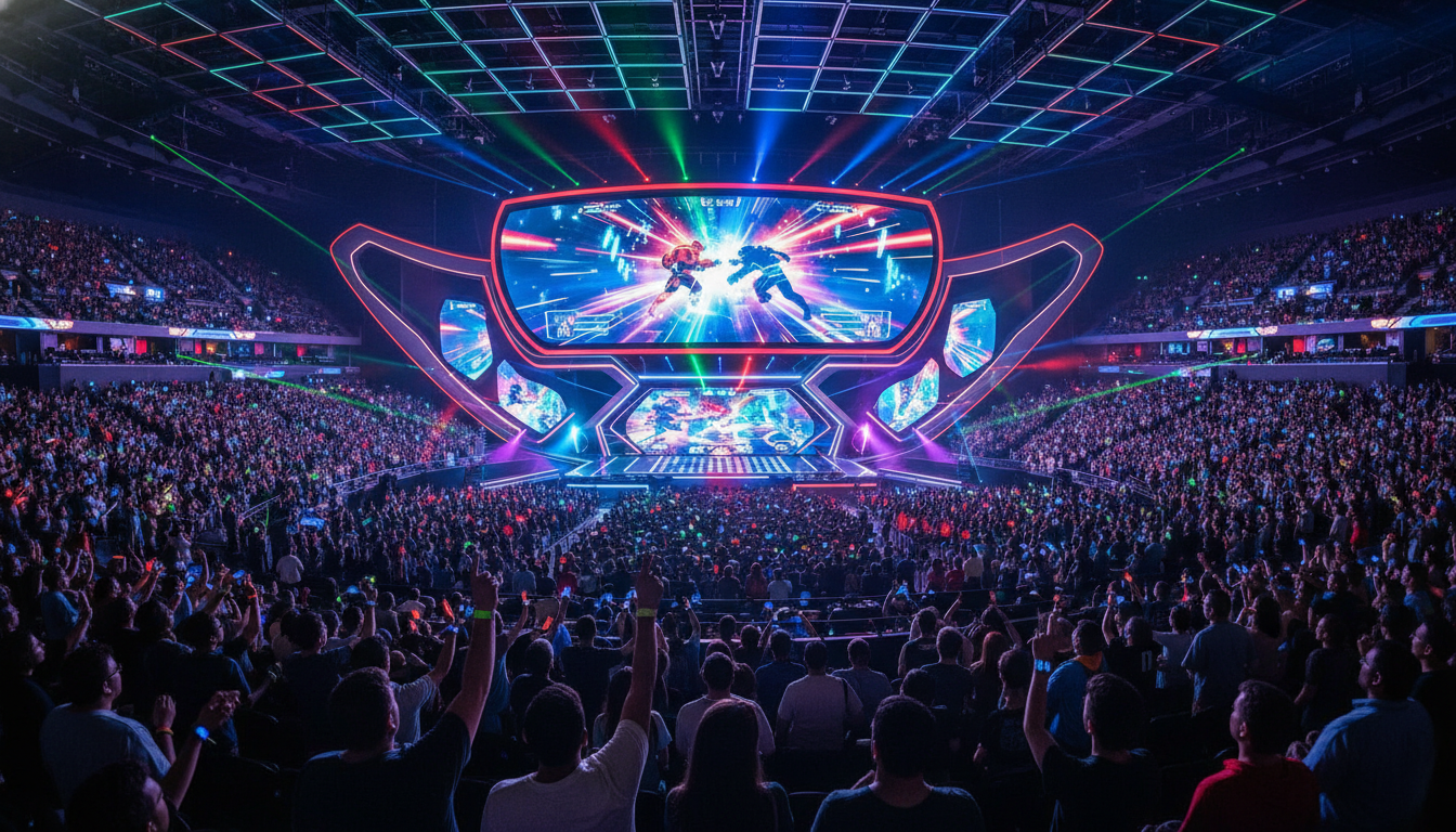 A large esports arena in Las Vegas filled with an excited crowd watching a fighting game tournament on a giant screen.
