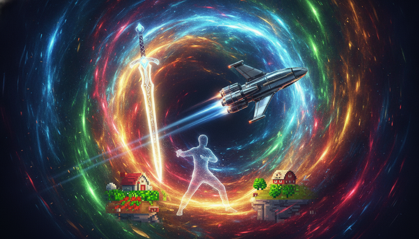A vibrant digital art illustration representing the diverse genres of upcoming video game releases.