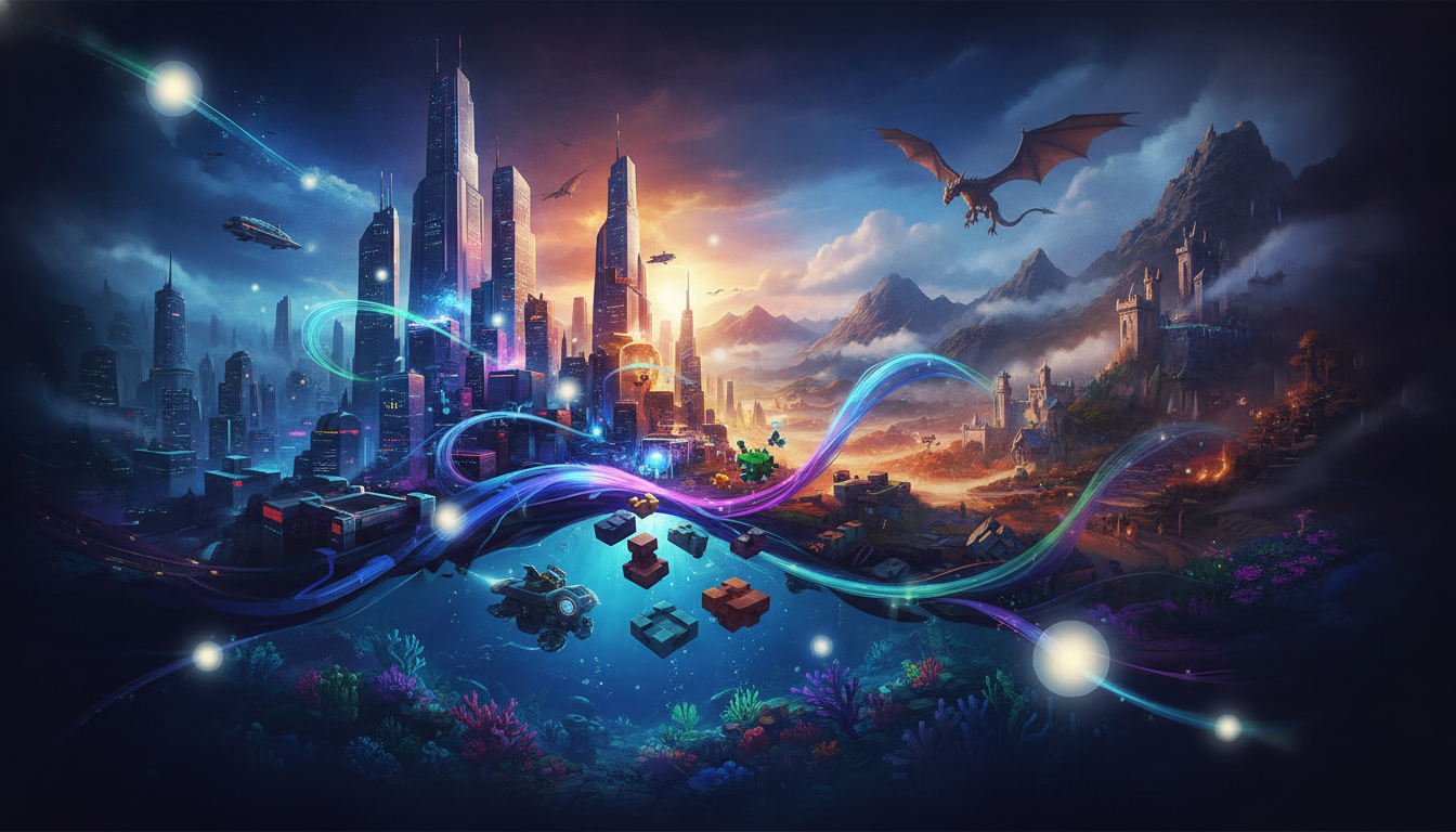 A vibrant, abstract image blending futuristic cityscapes with fantasy elements, symbolizing the dynamic world of new video game releases and major industry events.