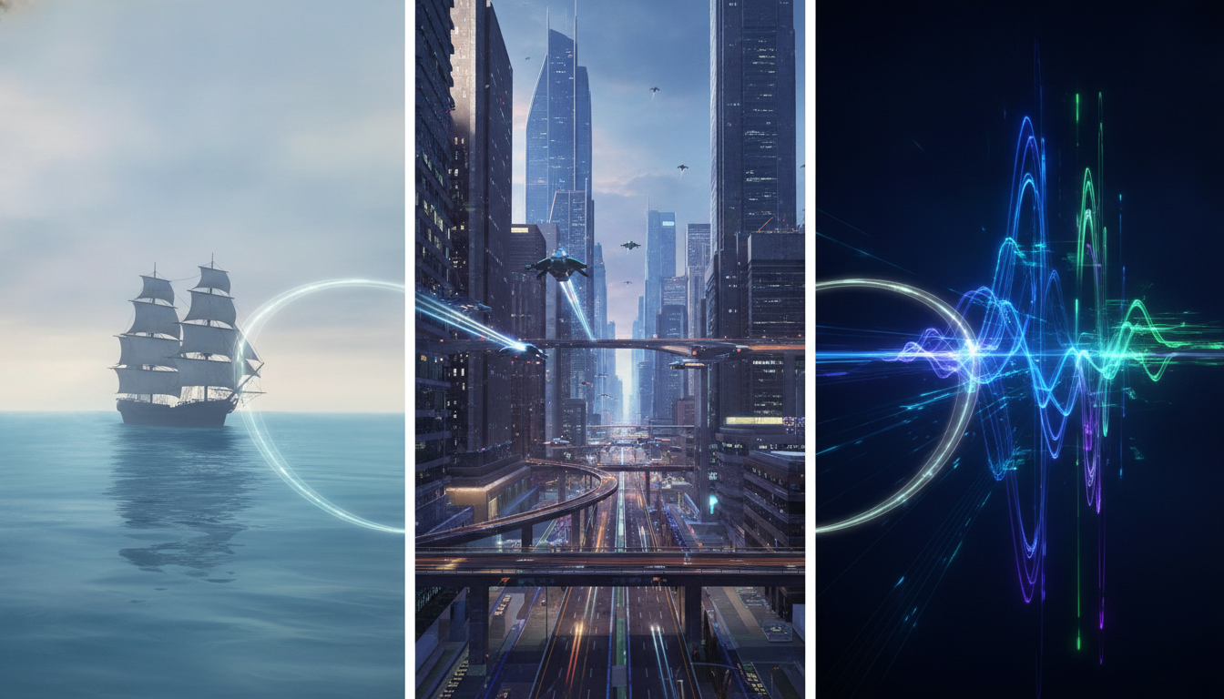 Three panels illustrating diverse game genres: naval, futuristic, and rhythm.
