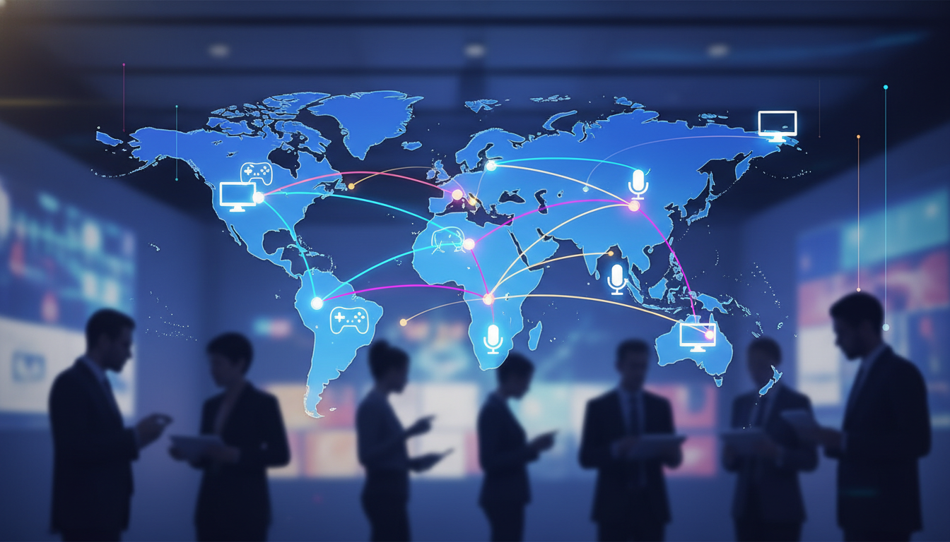A global network of interconnected gaming events, with abstract lines connecting cities on a stylized world map, symbolizing international collaboration and conferences.