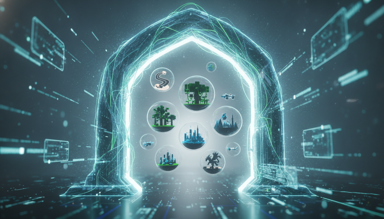 An abstract digital portal leading to diverse miniature game worlds, representing game discovery.