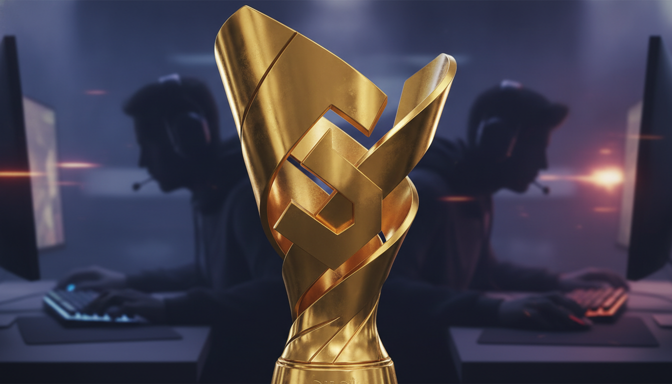 A gleaming trophy representing a large prize pool, with blurred esports players in the background, symbolizing high-stakes competition.