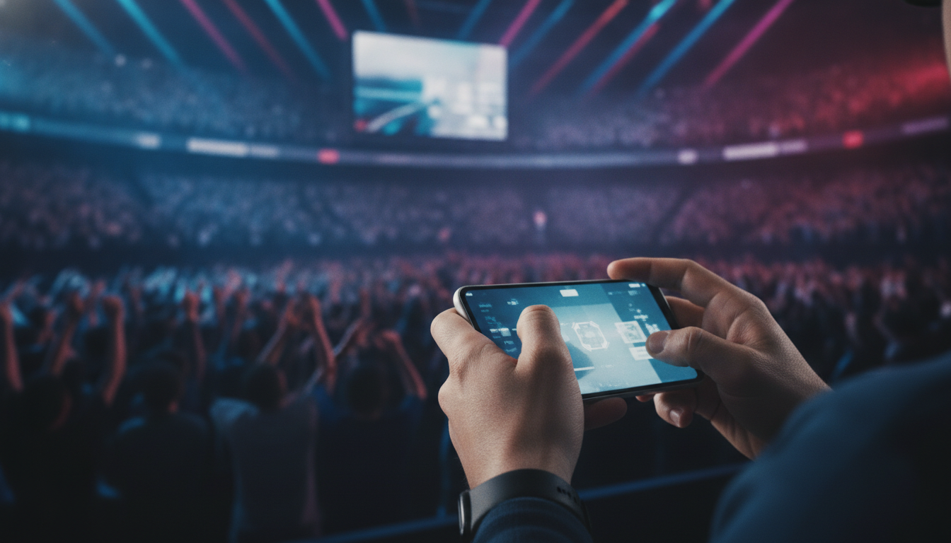 Close-up of a mobile esports player's hands during an intense match in a large arena.