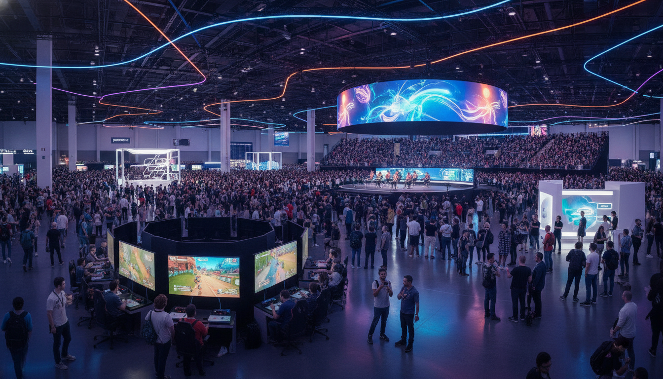 A bustling gaming convention floor filled with attendees playing games and watching esports.