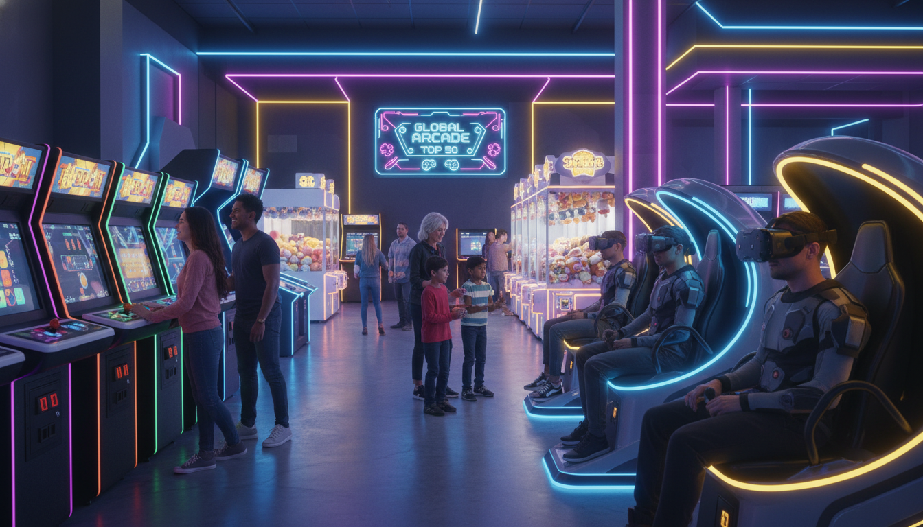 A lively, modern arcade with diverse players enjoying classic cabinet games, VR simulations, and redemption machines, illustrating the global arcade resurgence.