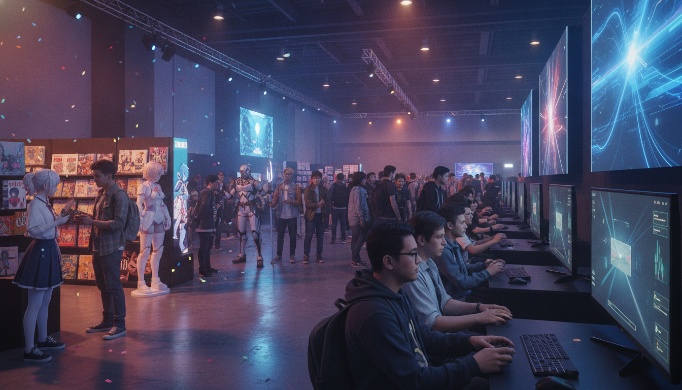 Attendees enjoying a wide range of gaming and pop culture activities at a large convention.