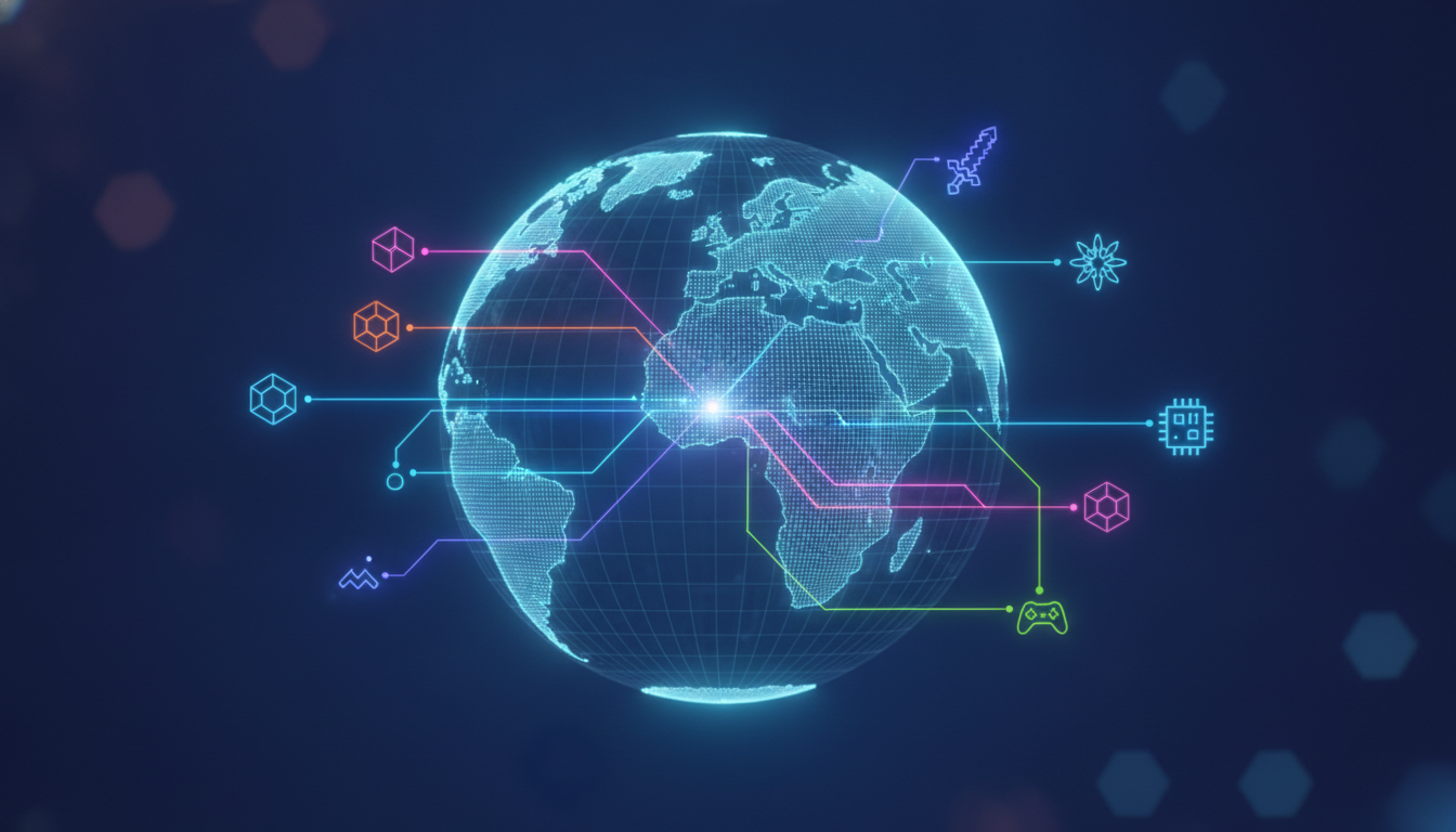 Abstract global network connecting numerous diverse indie game titles and developers.
