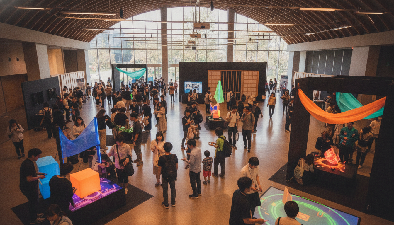 A bustling indie game festival floor in Kyoto with attendees exploring diverse game exhibits.