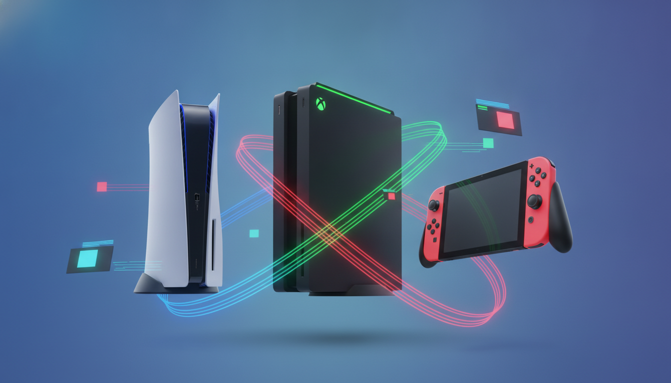 Abstract representation of PlayStation, Xbox, and Nintendo Switch consoles with digital game elements.